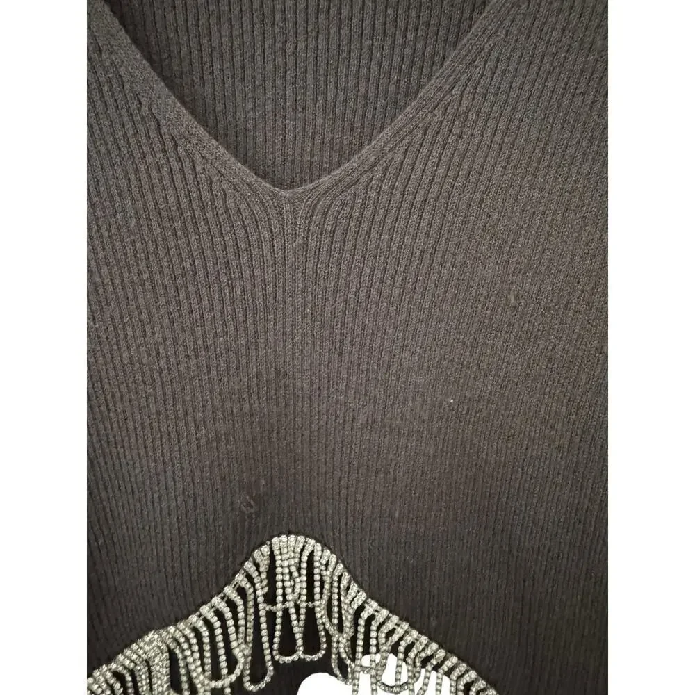 ZARA Gray Ribbed Knit Cropped Sweater w/ Pearl Rhinestone Fringe Hem - Size‎ M
